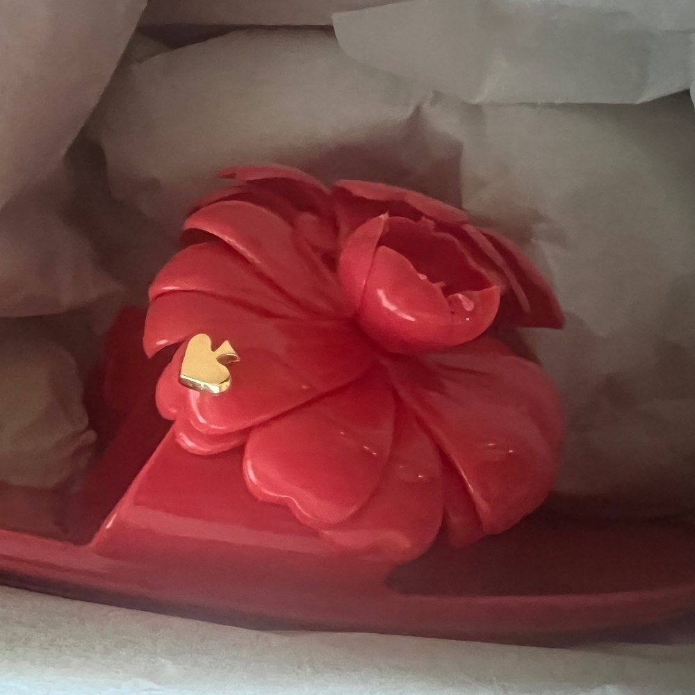 kate spade new york::Jaylee Floral Gold Logo Jelly Sandals::Ponderosa Red::NIB:: - Picture 7 of 10